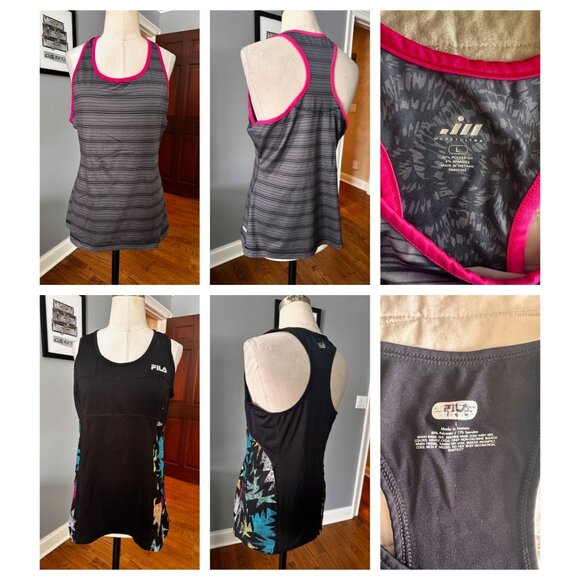 2 racerback work out tops Black Fila and Gray striped moretultra Large - Picture 1 of 9